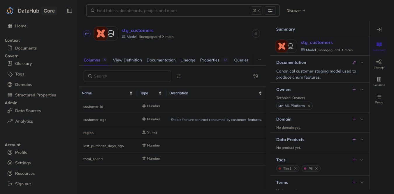 DataHub dataset showing schema, ownership, PII and Tier1 tags