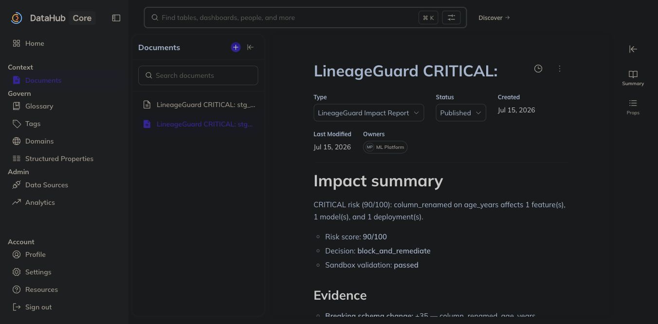 LineageGuard critical decision document written back into DataHub